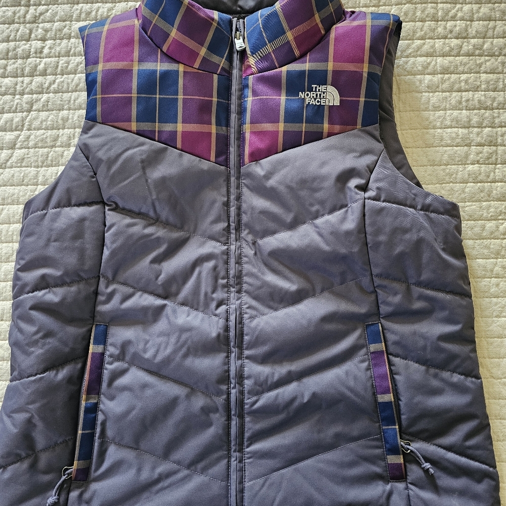 The North Face Purple and Gray Plaid Vest Down Puffer 550